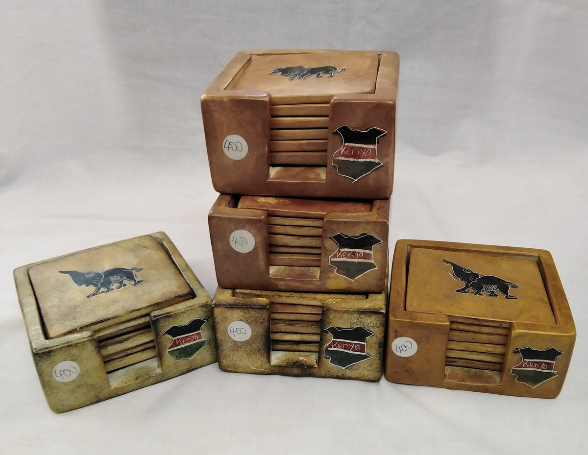 6 Soapstone Square Coaster set with Holder. Drink Coasters. Engraved Coaster Set. Kenyan Flag Soapstone Coaster. Wildlife Animal Coasters.