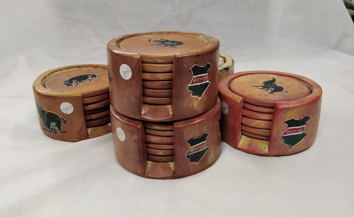 6 Soapstone Circle Coaster set with Holder. Drink Coasters. Engraved Coaster Set. Kenyan Flag Soapstone Coaster Set.Wildlife Lion Coasters.
