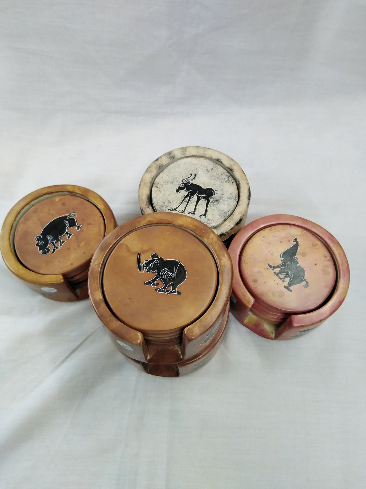 6 Soapstone Circle Coaster set with Holder. Drink Coasters. Engraved Coaster Set. Kenyan Flag Soapstone Coaster Set.Wildlife Lion Coasters.