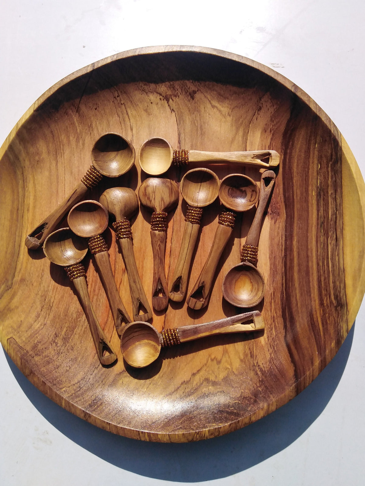 12 pieces of Olive wood with Brown Beads Spice, Salt and Sugar wooden spoons. A dozen Wood Condiments Spoons. Wholesale and Retail.