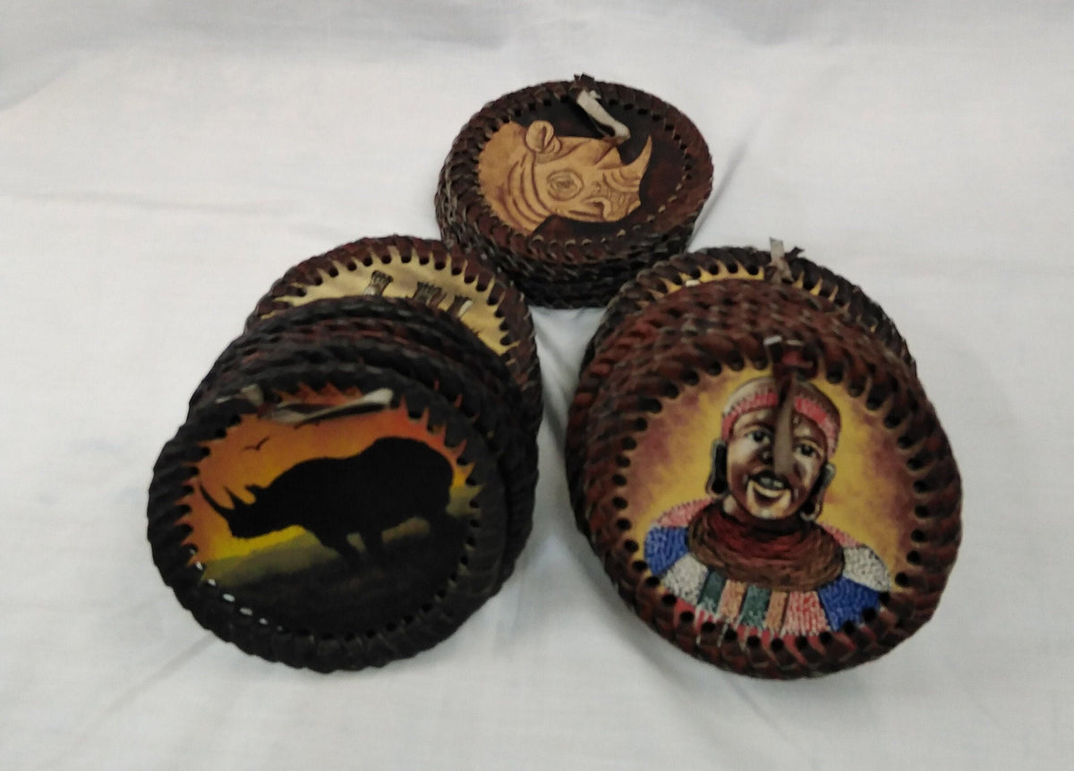6 Leather Circle Coaster set with Holder. Drink Coasters. Engraved Coaster Set. The Big Five wildlife Leather Coaster Set.Gift Coasters