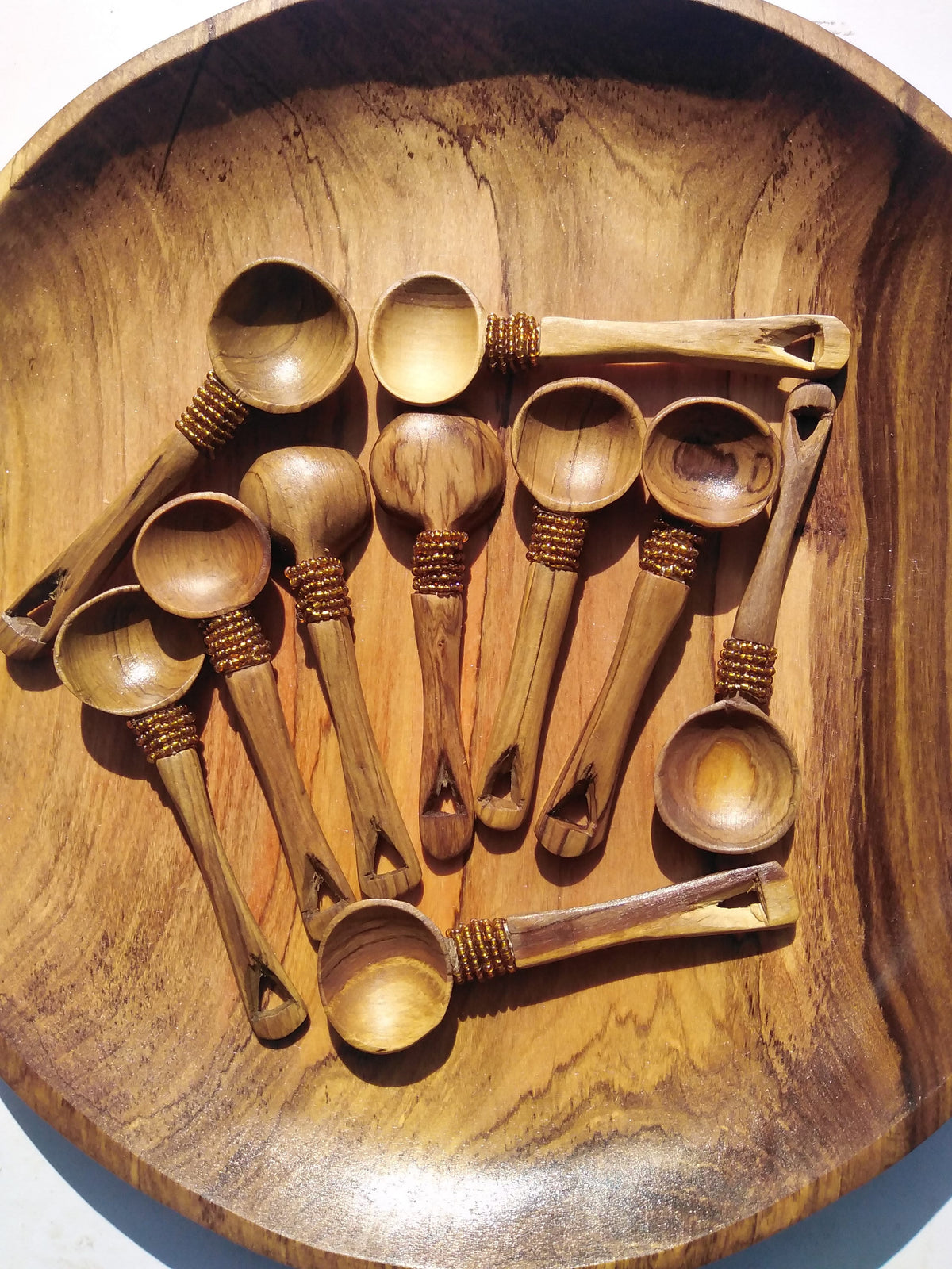 12 pieces of Olive wood with Brown Beads Spice, Salt and Sugar wooden spoons. A dozen Wood Condiments Spoons. Wholesale and Retail.