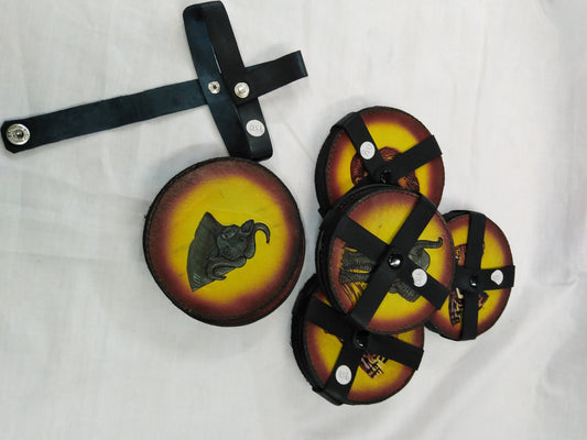 6 Leather Circle Coaster set with Leather Strap Holder. Drink Coasters. The Big Five wildlife Leather Coaster Set.Gift Coasters