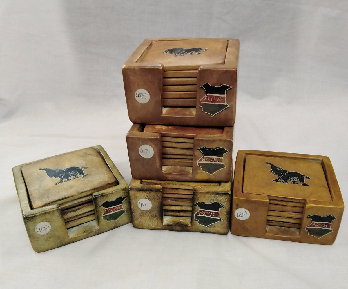 6 Soapstone Square Coaster set with Holder. Drink Coasters. Engraved Coaster Set. Kenyan Flag Soapstone Coaster. Wildlife Animal Coasters.