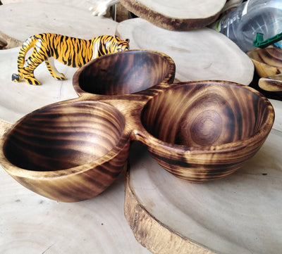 Wholesale Vintage Wooden Wood Display Dough Bowl Centerpiece. Three wick Rustic Candle Bowl.3 Dough Bowls in one .Multiple wick.Special Gift
