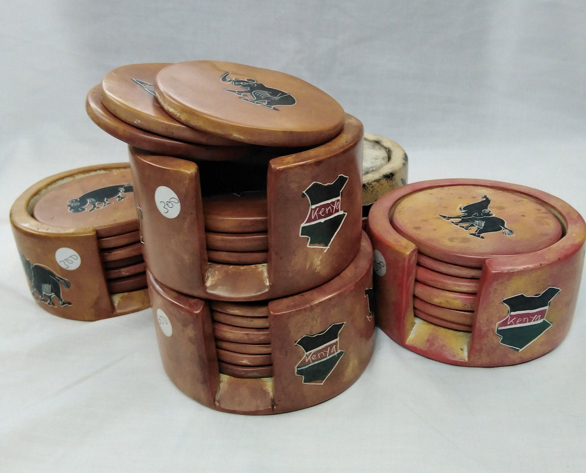 6 Soapstone Circle Coaster set with Holder. Drink Coasters. Engraved Coaster Set. Kenyan Flag Soapstone Coaster Set.Wildlife Lion Coasters.