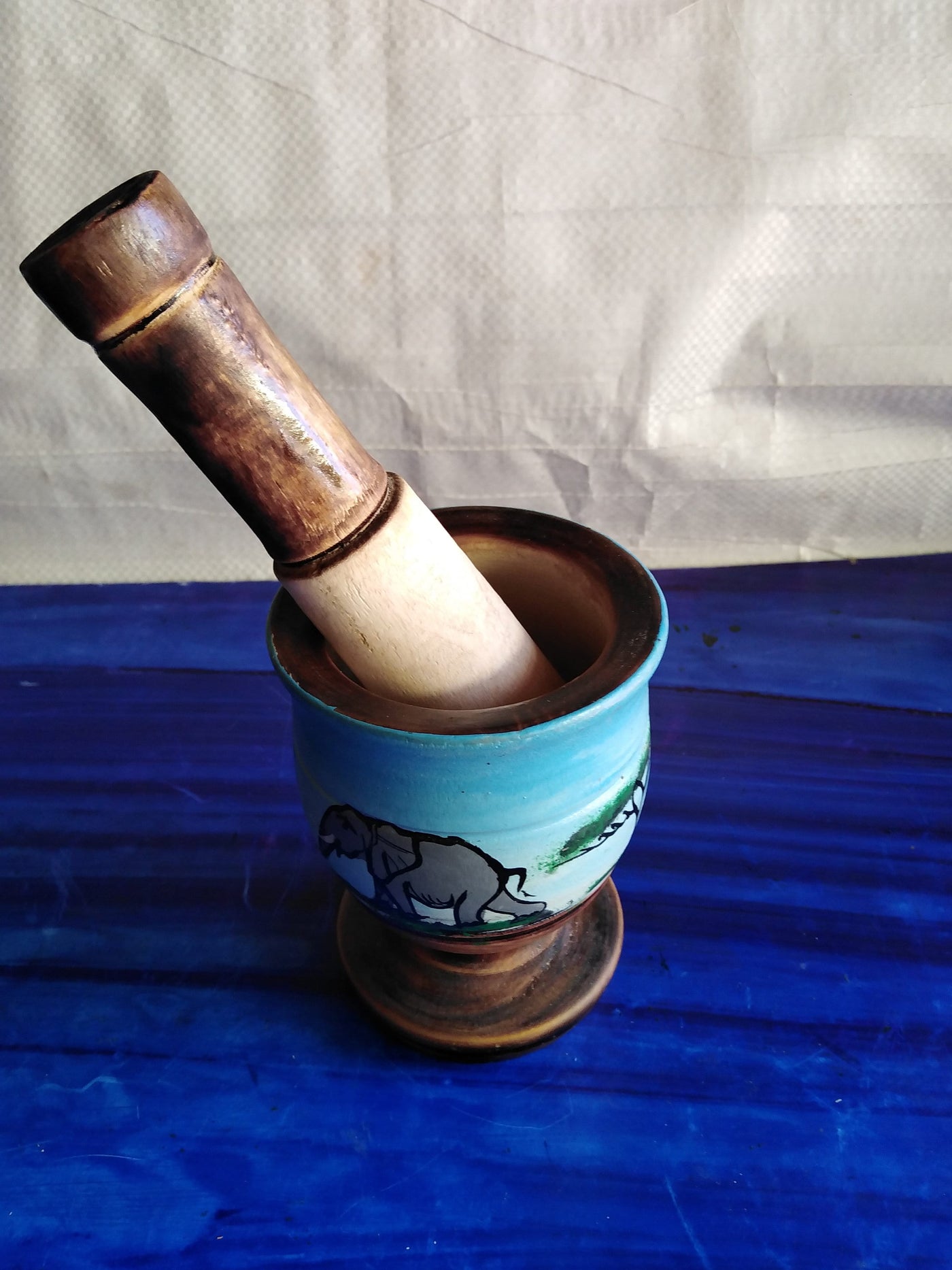 Wholesale Artistic Personalised and Painted Decorative Pestle and Mortar. Handmade African Solid wood  for Herbs and spices. Set of Four.