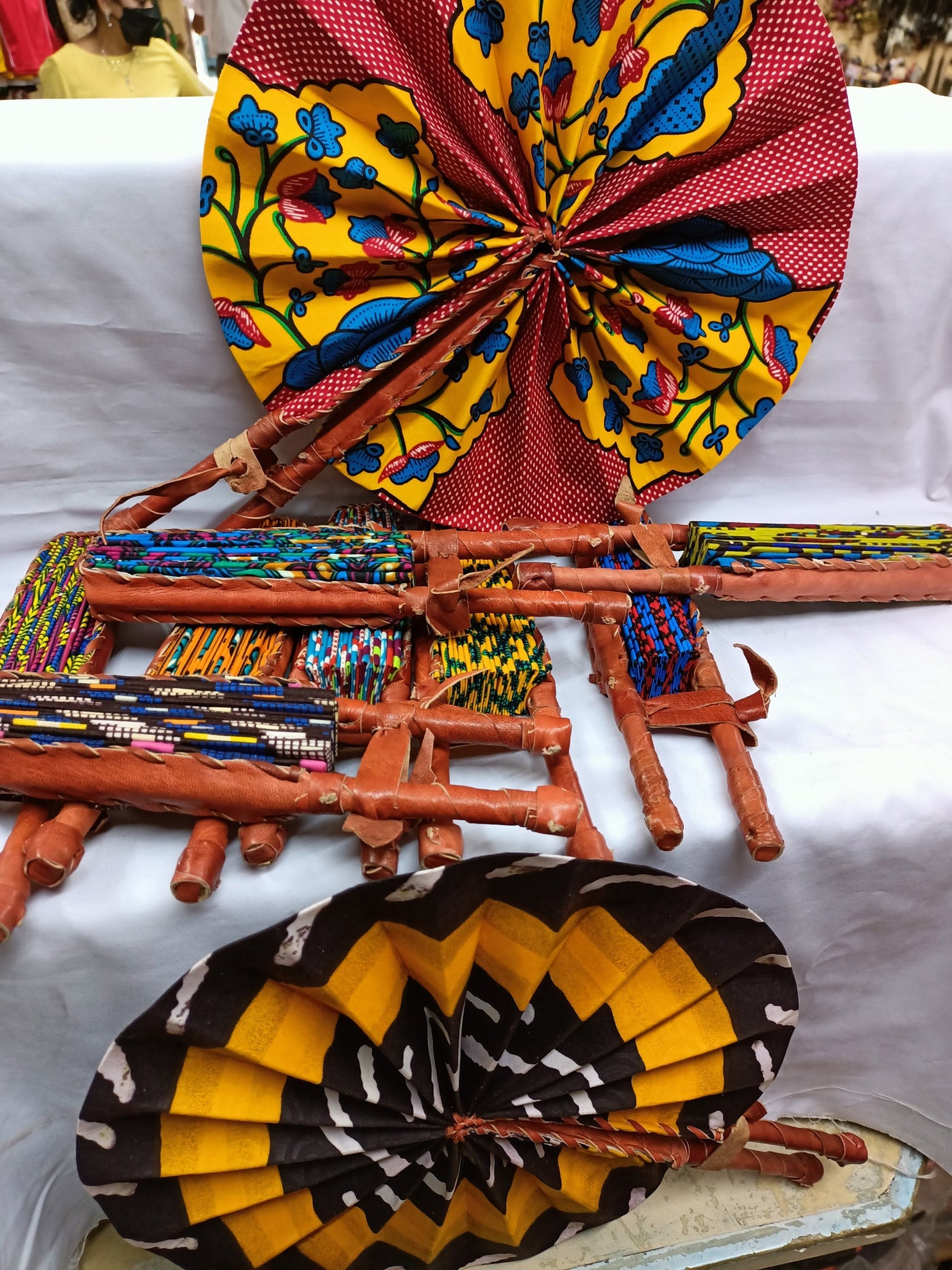 ONSALE.Wholesale Random Ankara Folding fabric fans Set of 185. kente African Hand fan/ Gift Items Fabric leather fan. African Folding Fans.