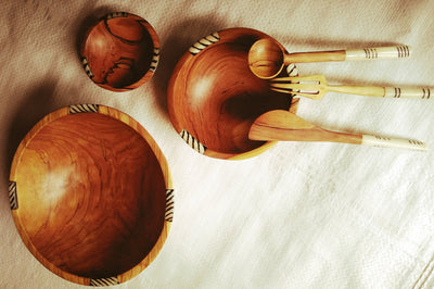 Olive Wood Wholesale Bowls with Inlaid Cow Bone. Artistic African set of 3 Bowls and free Matching wooden Cutlery. Salad/Serving/soup Bowl