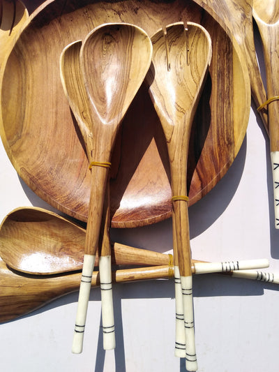 Olive Wood and White cow Bone Cooking and Serving Spoons set of 8 pieces. Cooking spoons for wholesale and Retail. Mothers Best Gift