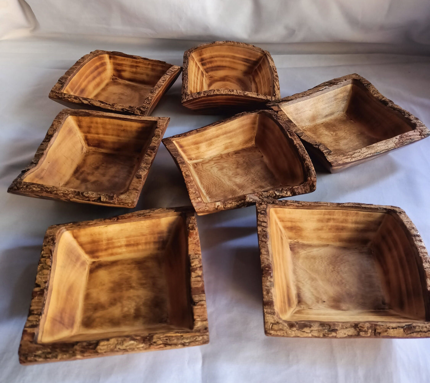 ON SALE !New Bowl Alert! Unique  Handmade 5" square wooden Petite Bowls With Bark set of 10.Wax Dough Bowls.Gift items.Farmhouse Decor