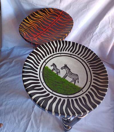 Two Gorgeous Hand carved Tiger and Zebra 3 legged Stools set of 2 with Handles. Modern maasai Wildlife Themed Stools. Bulk.The Senufo pair