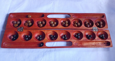 Antique Mancala Board Game. Vintage Bao Board Game. Traditional Bao Ajua Game.Hawalis Game of Oman. Omwes with Sago palm seed Balls/marbles