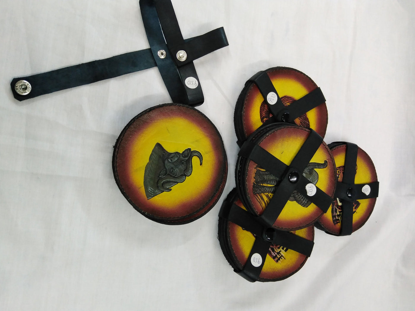 6 Leather Circle Coaster set with Leather Strap Holder. Drink Coasters. The Big Five wildlife Leather Coaster Set.Gift Coasters