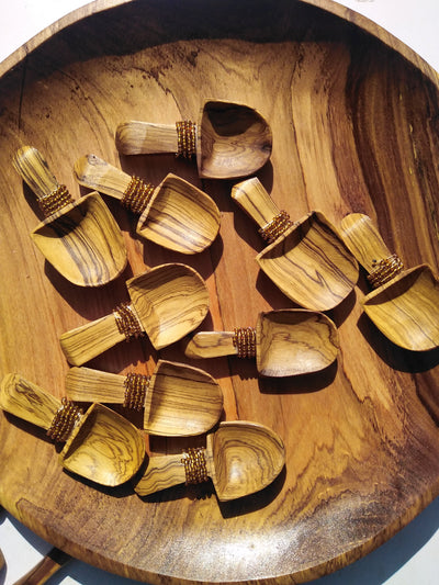 A Dozen Olive Wood and Brown Beads Spice, Sugar and Salt Spoons. Beaded wooden Condiments Spoons 12 pieces .wholesale Gifts Item