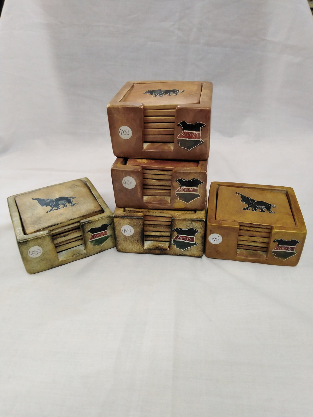 6 Soapstone Square  Coaster set with Holder. Drink Coasters. Engraved Coaster Set. Kenyan Flag Soapstone Coaster. Wildlife Animal Coasters.