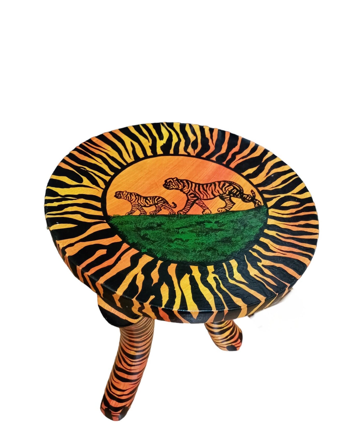 Beautiful Handmade Oval Wood enTiger Print 3 legged Stool with a handle. Modern Maasai Wildlife Themed Stool. Available in Bulk. Neo Senufo.