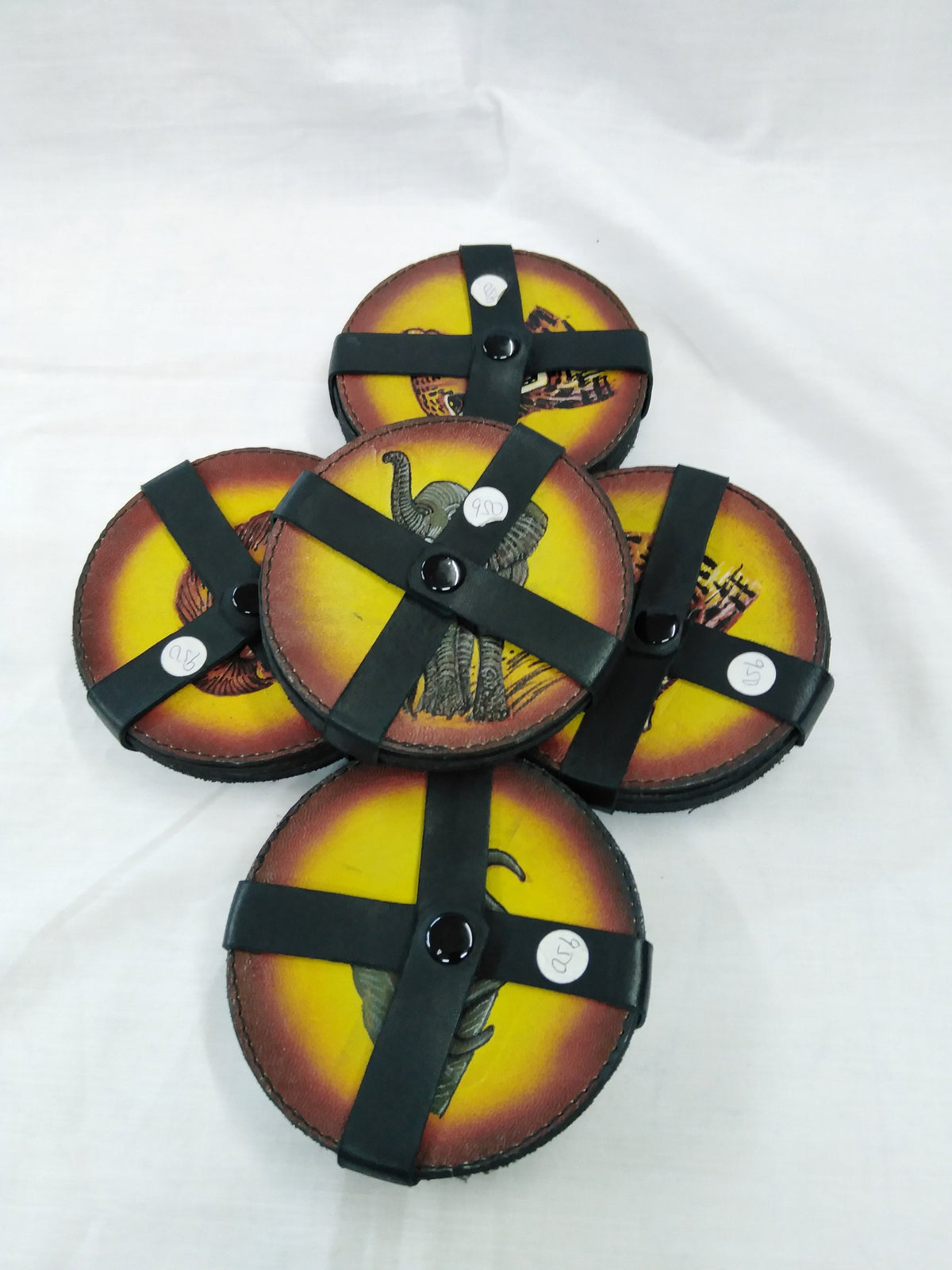 6 Leather Circle Coaster set with Leather Strap Holder. Drink Coasters. The Big Five wildlife Leather Coaster Set.Gift Coasters