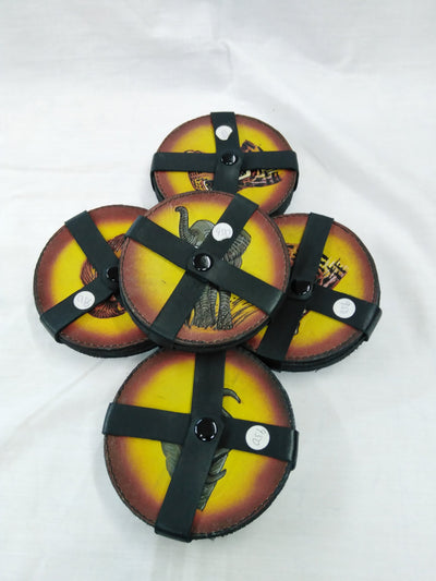 6 Leather Circle Coaster set with Leather Strap Holder. Drink Coasters. The Big Five wildlife Leather Coaster Set.Gift Coasters