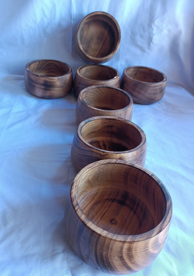 Wholesale; Handmade  Hardwood Bowl Shaped Candle Dough Bowls set of 5.slightly slanting inwards 7" diameter by 7" Ht Multipurpose Bowls.