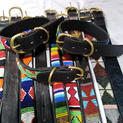 Wholesale African Inspired Personalised Leather Beaded Dog Collar set of 2 with Brass Metal Buckle. Cat Collar with Beautiful Beads. Gift