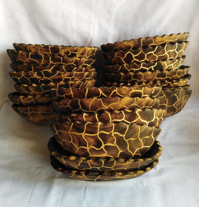 Bulk sale.Rare and Unique Girrafe pattern engraved Wooden Dough Candle Bowls sets of 10 with serrated edges. Wildlife theme multiuse Bowls