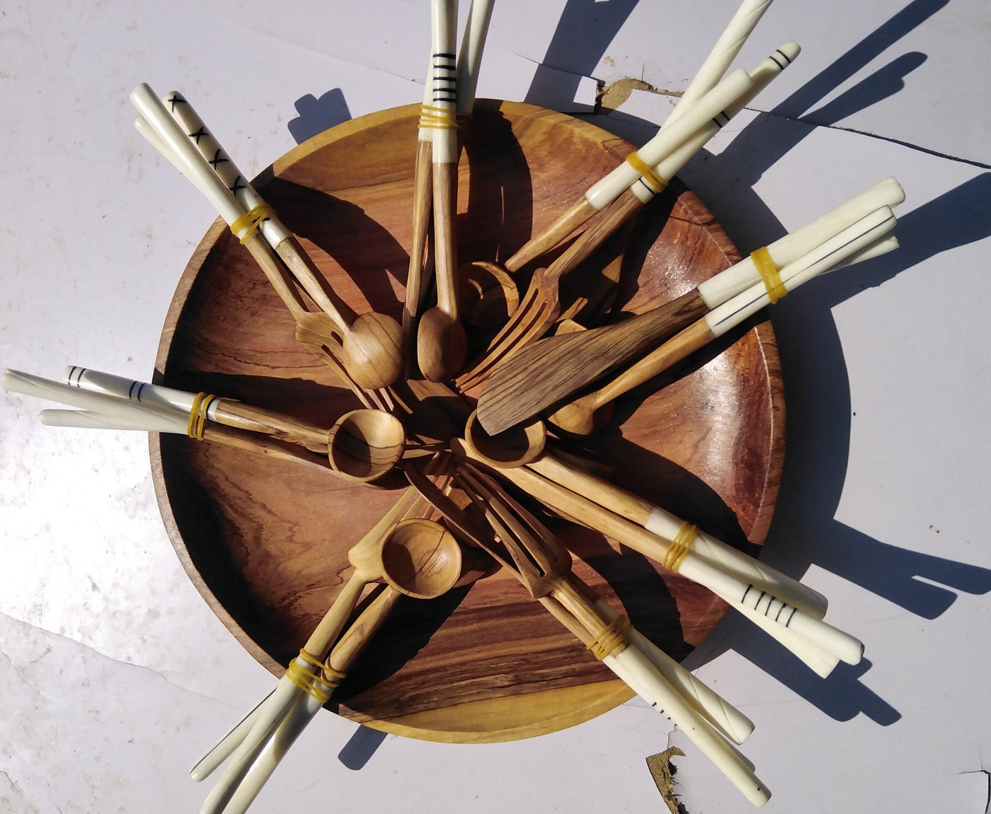 Olive wood and white Cow Bone Patterned with Wax and black Dye Cutlery Set of 3. Unique Cutlery Set of Folk, Spoon and Knife for Wholesale