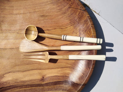 Olive wood and white Cow Bone Patterned with Wax and black Dye Cutlery Set of 3. Unique Cutlery Set of Folk, Spoon and Knife for Wholesale