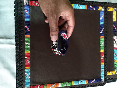 Unique Handmade Leather Beaded placematts set of 3 with a Free Random Gift. 3 Leather and Beads Table Matt's with a Free Personalised Gift.