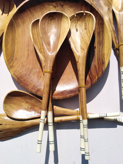 Olive Wood and White cow Bone Cooking and Serving Spoons set of 8 pieces. Cooking spoons for wholesale and Retail. Mothers Best Gift