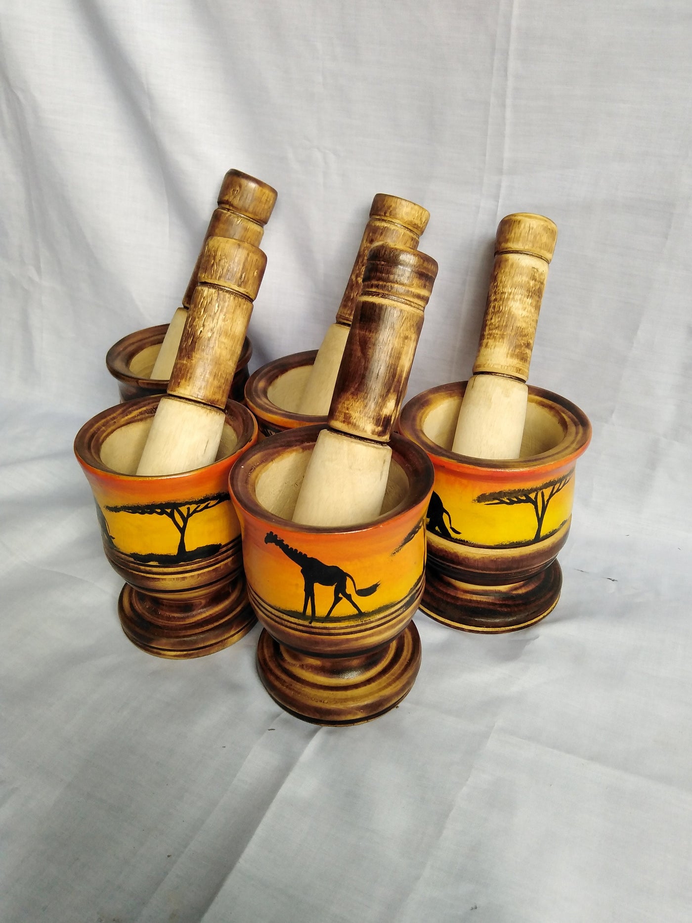 Wholesale Artistic Personalised and Painted Decorative Pestle and Mortar. Handmade African Solid wood  for Herbs and spices. Set of Four.