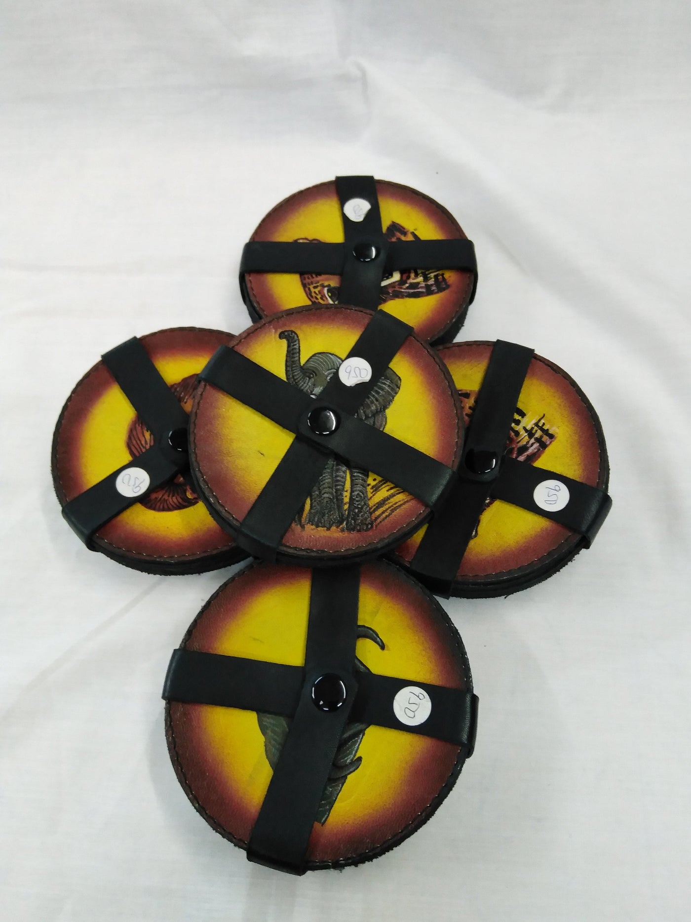 6 Leather Circle Coaster set with Leather Strap Holder. Drink Coasters. The Big Five wildlife Leather Coaster Set.Gift Coasters