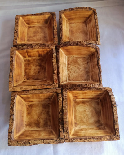 ON SALE !New Bowl Alert! Unique  Handmade 5" square wooden Petite Bowls With Bark set of 10.Wax Dough Bowls.Gift items.Farmhouse Decor