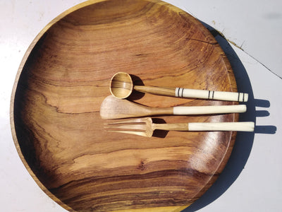 Olive wood and white Cow Bone Patterned with Wax and black Dye Cutlery Set of 3. Unique Cutlery Set of Folk, Spoon and Knife for Wholesale