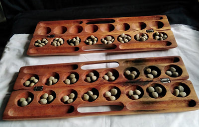Laser engraved Mancala Board Game-Personalized.Inscribed Hardwood Bao Game. Traditional Ajua Game.Hawalis Game of Oman. with Sago palm seeds