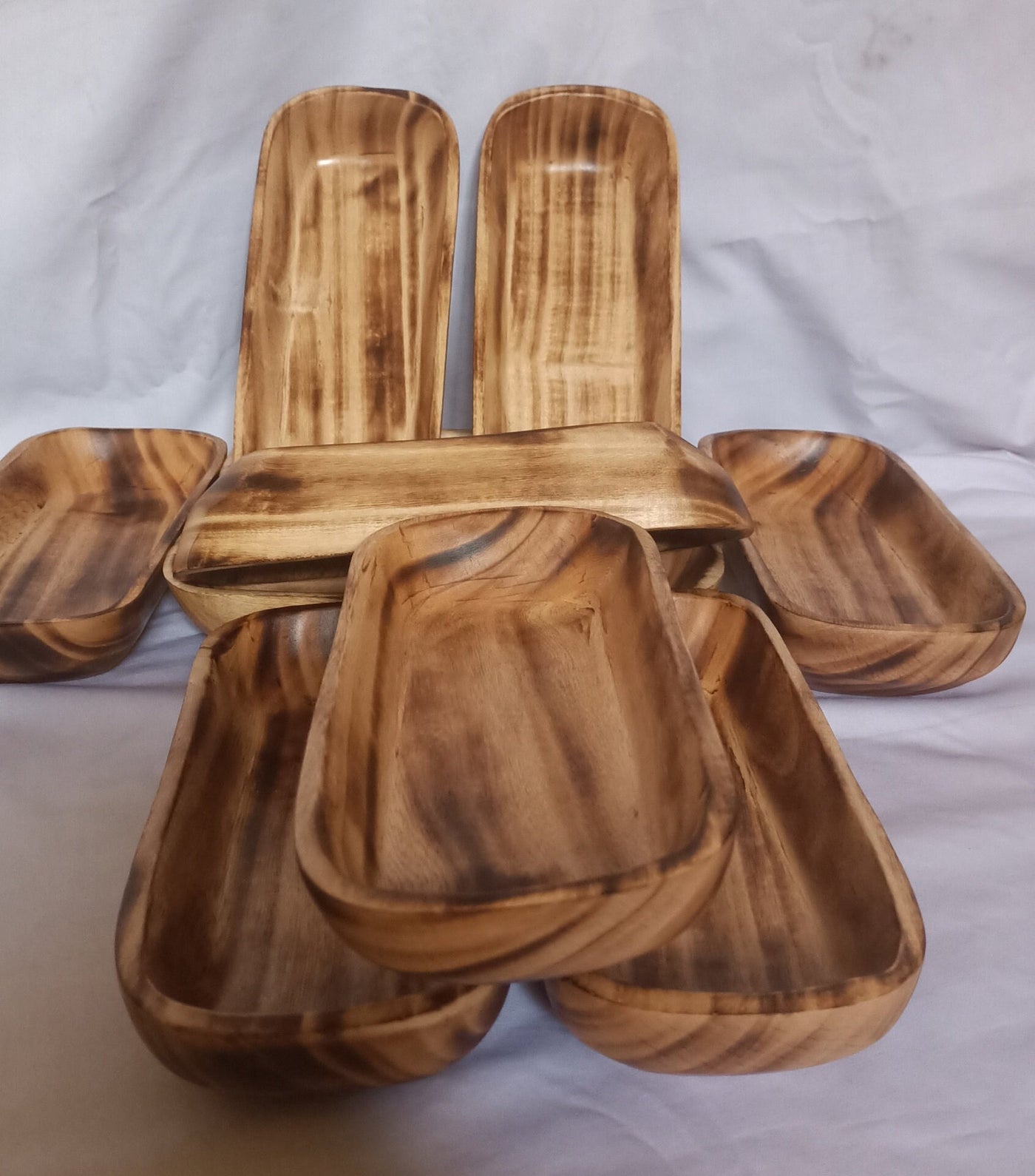 New Bowls Alert!Elegantly  Handcarved Square edged Oval Dough Bowls Set of 6.Wholesale 11" and 9" Long.Candle Pour Safe and Ready.Gift items