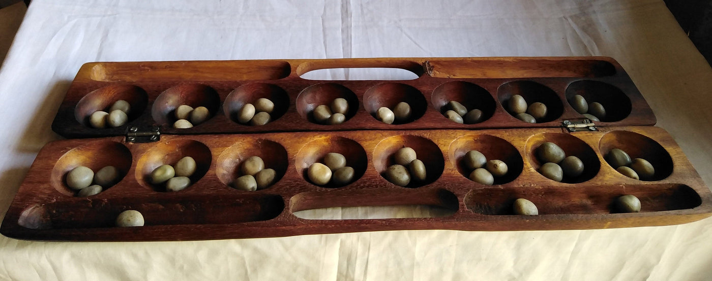 Handmade Mancala Board Game-Personalized.Dark Hardwood Bao Board Game.Traditional Ajua Game.Hawalis Game of Oman.with Sago palm seed/marbles