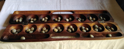 Handmade Mancala Board Game-Personalized.Dark Hardwood Bao Board Game.Traditional Ajua Game.Hawalis Game of Oman.with Sago palm seed/marbles