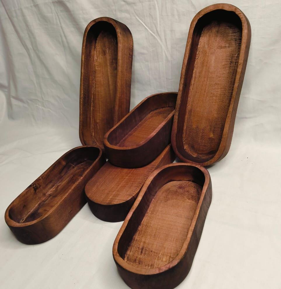 Rustic New Wood Dough Bowl Light Brown Dye | Hand finished Wood Candle Vessels 9 and 11" mix Farmhouse Decor Reusable Candle Bowls set of 6