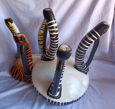 Two Gorgeous Hand carved Tiger and Zebra 3 legged Stools set of 2 with Handles. Modern maasai Wildlife Themed Stools. Bulk.The Senufo pair