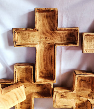 Wholesale Supply! Christian Cross Shaped wooden Dough Bowls lots of 4. Easter Gift Candle Ready  Bowls. Farmhouse Rustic Religious Decor