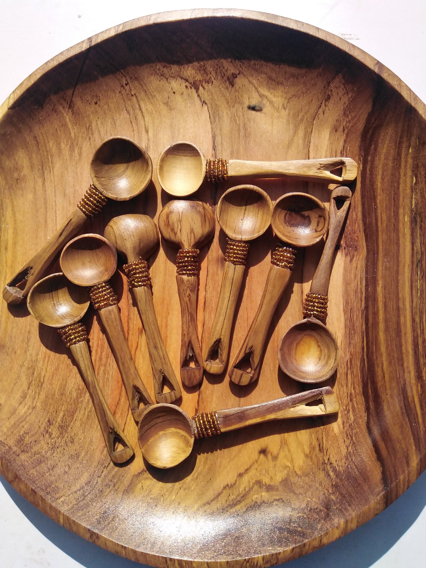 12 pieces of Olive wood with Brown Beads Spice, Salt and Sugar wooden spoons. A dozen Wood Condiments Spoons. Wholesale and Retail.