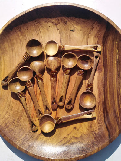 12 pieces of Olive wood with Brown Beads Spice, Salt and Sugar wooden spoons. A dozen Wood Condiments Spoons. Wholesale and Retail.