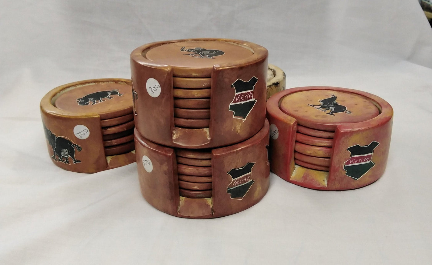 6 Soapstone Circle Coaster set with Holder. Drink Coasters. Engraved Coaster Set. Kenyan Flag Soapstone Coaster Set.Wildlife Lion Coasters.
