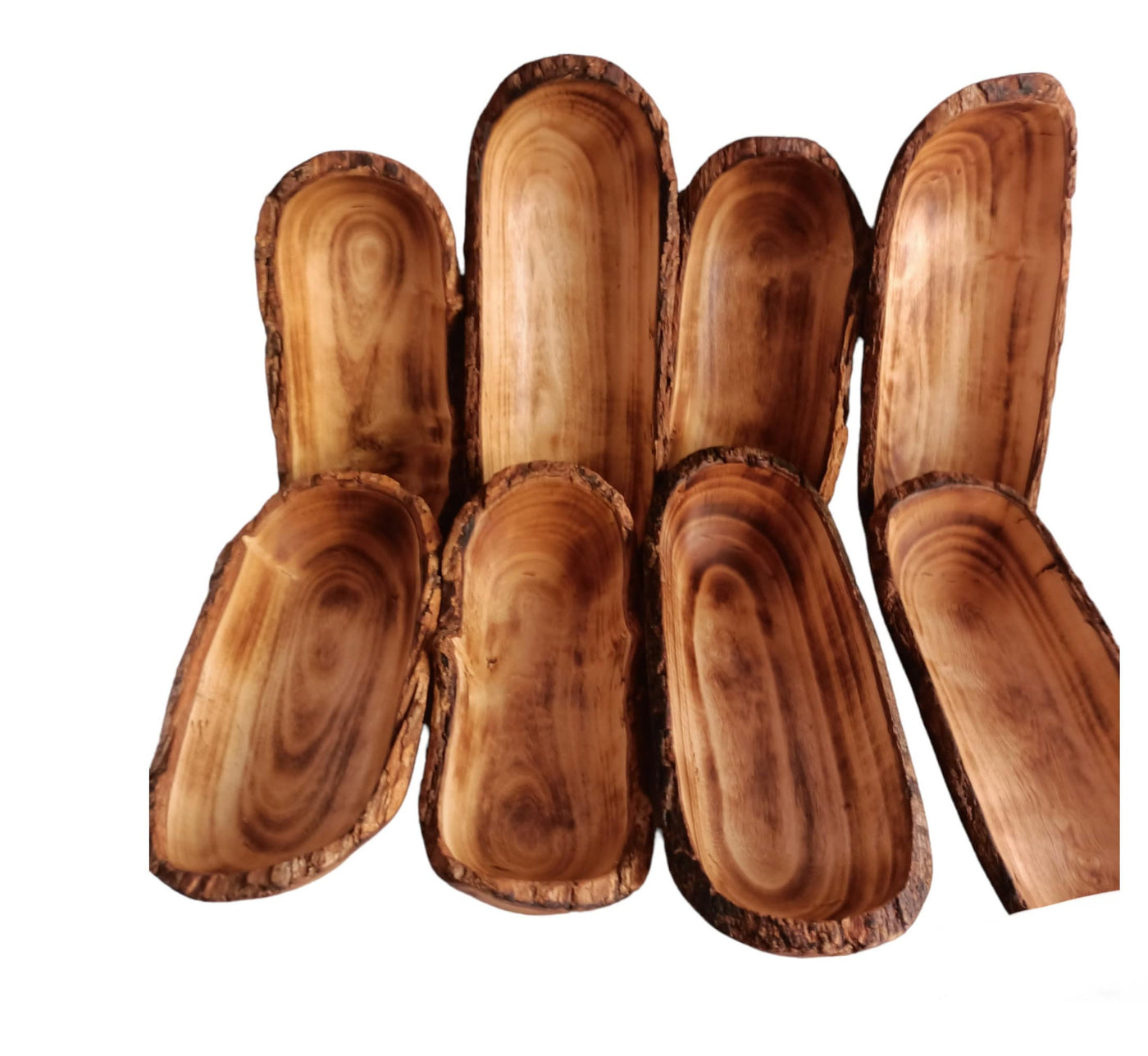 9-pack Handcarved Oblong wooden Dough Bowls with Barks. Unique 9x4x1.5" Bark edges Decor Bowls.Gift items.wholesale availability.wax vessels