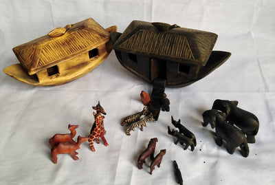 Handmade Wooden Noah's Ark  with a set of animals in twos. Noah's Ark Decor/center. Christmas Sunday Toy Gift