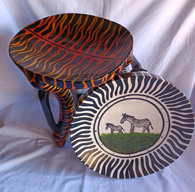 Two Gorgeous Hand carved Tiger and Zebra 3 legged Stools set of 2 with Handles. Modern maasai Wildlife Themed Stools. Bulk.The Senufo pair