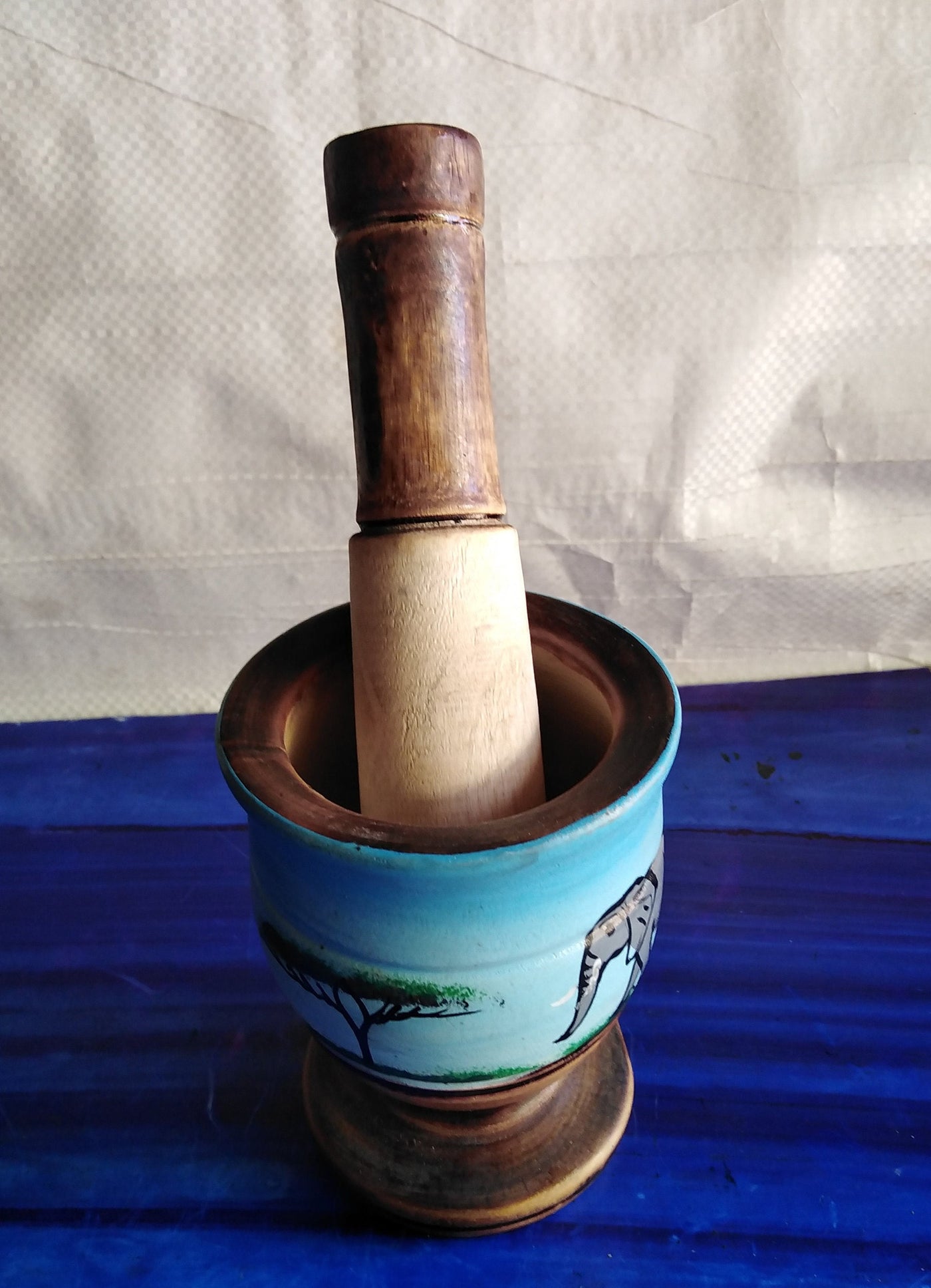 Wholesale Artistic Personalised and Painted Decorative Pestle and Mortar. Handmade African Solid wood  for Herbs and spices. Set of Four.