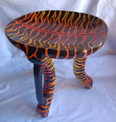 Beautiful Handmade Oval Wood enTiger Print 3 legged Stool with a handle. Modern Maasai Wildlife Themed Stool. Available in Bulk. Neo Senufo.
