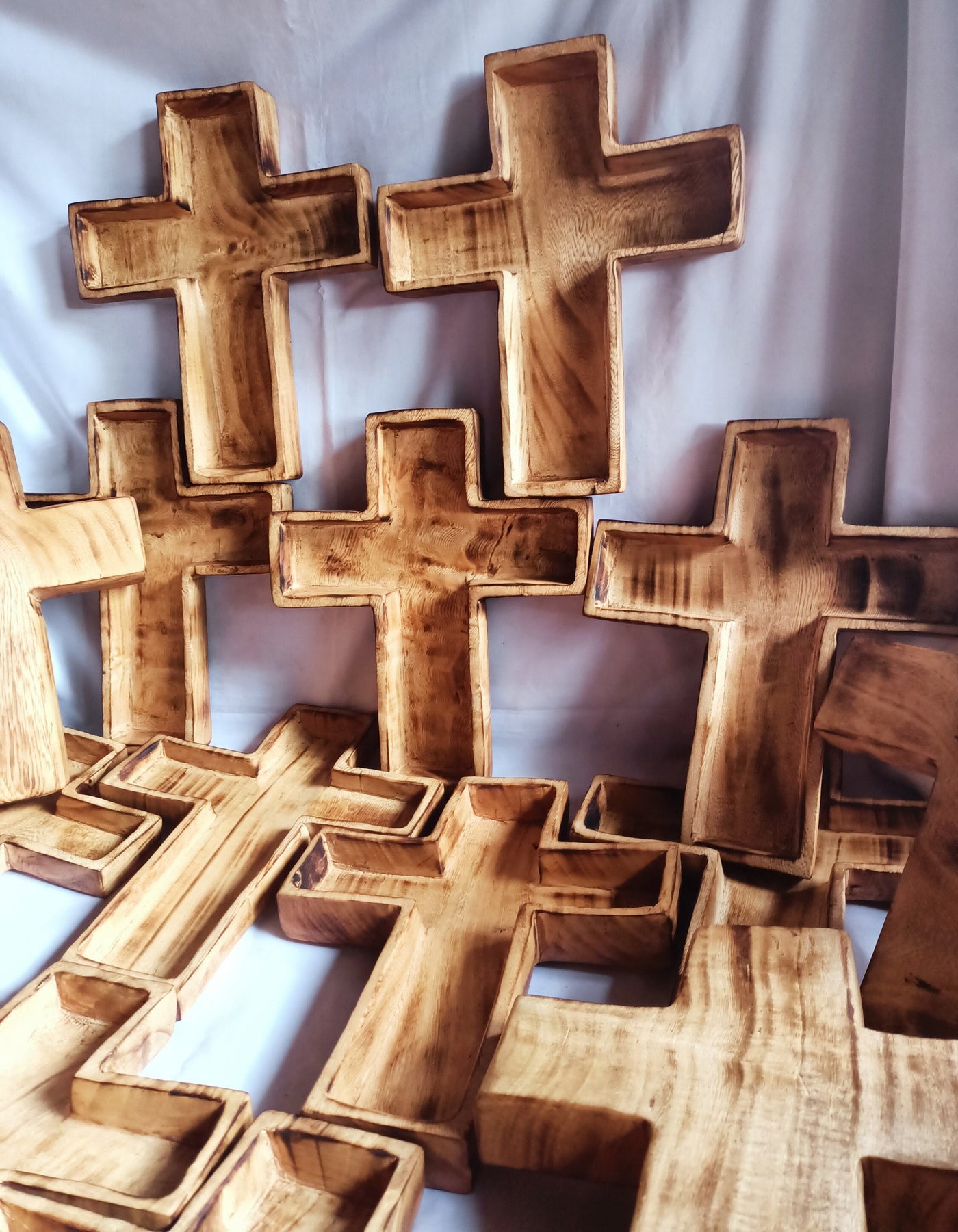 Wholesale Supply! Christian Cross Shaped wooden Dough Bowls lots of 4. Easter Gift Candle Ready  Bowls. Farmhouse Rustic Religious Decor